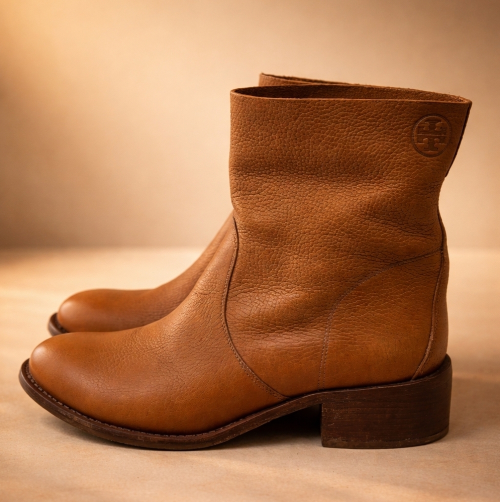 Tory Burch Cognac Sienna Leather Pull On Ankle Boots